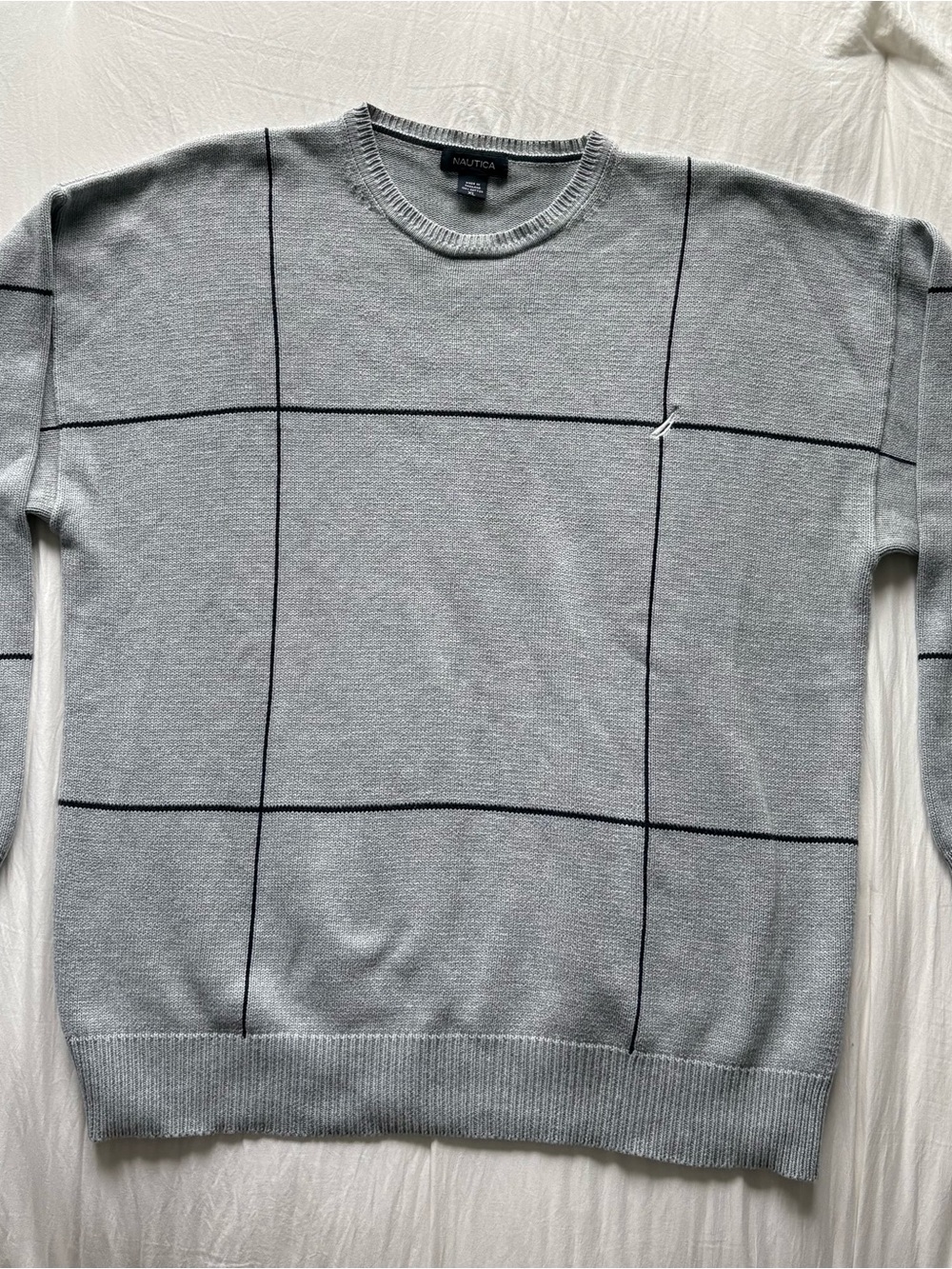 Nautica Light Gray Crewneck Sweater with Black Windowpane Size XL